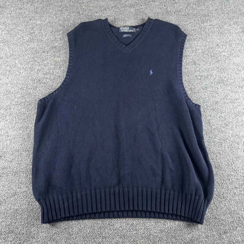 Polo‎ By Ralph Lauren Sweater Vest Mens 2XL Blue V Neck Cotton Knit Pony Logo